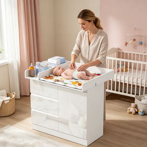 Commode à langer avec 3 tiroirs avec accessoires.table à langer pour bébé en aggloméré et mdf.blanc