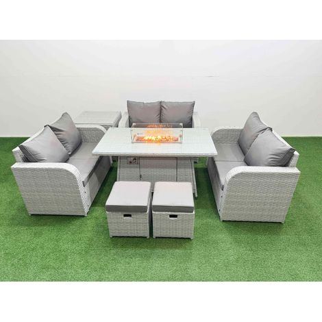 Fimous 8 Seater PE Wicker Rattan Furniture Sofa Sets with Firepit Dining Table 2 Seater Love Sofa 2 Stool Side Table Light Grey (1/4)