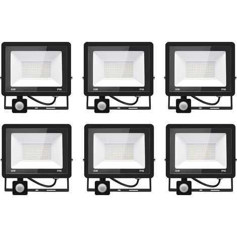6PACK - 50W Projecteur LED détecteur de mouvement,Blanc Froid (6000K) 5000LM Projecteur LED Exterieur Avec Detecteur Imperméable IP66 Projecteur LED exterieur de sécurité pour garage couloir
