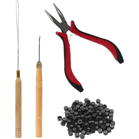 4pcs Pince à Tresses Crochet Bois Pointe Courbée Aiguille Anneaux Silicone Outils Extension Cheveux Noir (1/5)