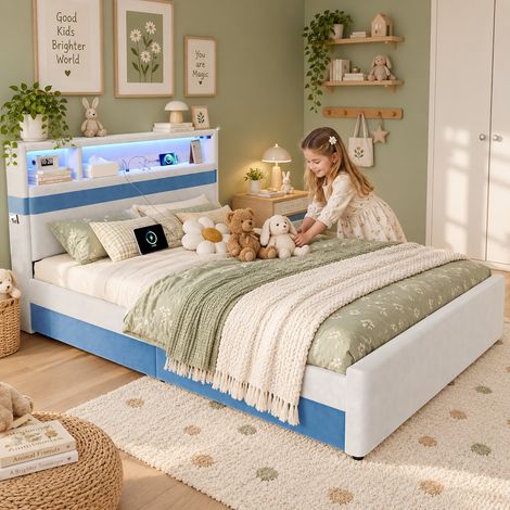 Lit capitonné 140x200 cm avec 4 tiroirs et LED, revêtement velours blanc et bleu, pour chambre enfant et ado