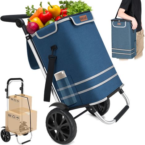 Carrello Spesa Pieghevole 56L Blu Borsa Termica Trolley Portaspesa con Tracolla