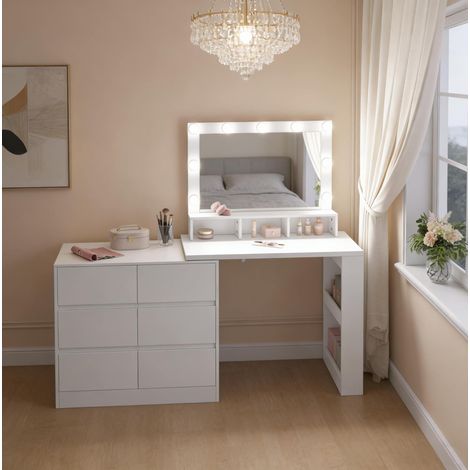 Coiffeuse 160x40x134,5 cm en panneaux de bois et verre blanc, modulable pour bureau FloraGrace (1/5)