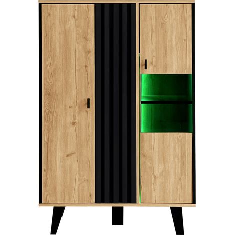 Credenza vetrina con LED 80 x 40 x 120 cm nero e effetto legno MODENUIT (1/5)