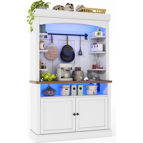 Armoire De Cuisine 183 cm Avec Éclairage LED Et Prise, Vitrine Meuble Café En MDF Avec Crochets, Rangement Pour Salle À Manger (1/5)