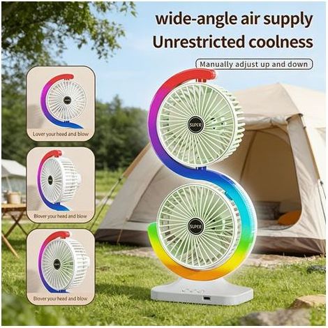 Wiederaufladbarer USB-Tischventilator mit zwei Ventilatorköpfen, 5 Geschwindigkeitsstufen und LED-Beleuchtung, Grün (1/5)