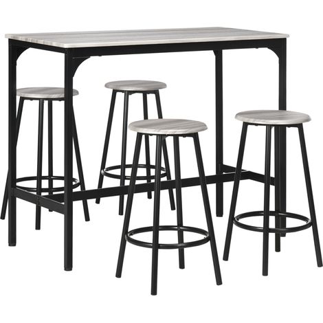 Ensemble table haute 5 pièces avec 4 tabourets en métal gris style industriel pour cuisine et salle à manger (1/5)