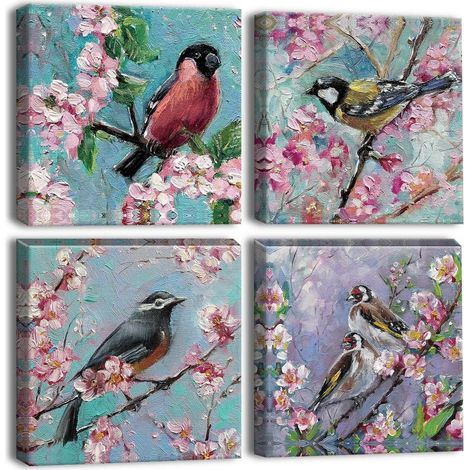 Artscope 4-teilig Leinwandbilder Ölgemälde Blumen Vögel Wandbild 30x30cm (1/5)