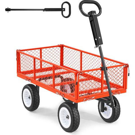Mophorn Chariot de jardin en acier, capacité maximale de 408,2 kg. Équipé de côtés amovibles, pneus PU anti-crevaison de 25,4 cm, poignée ajustable et compatible avec quad ou tracteur. rouge (1/5)
