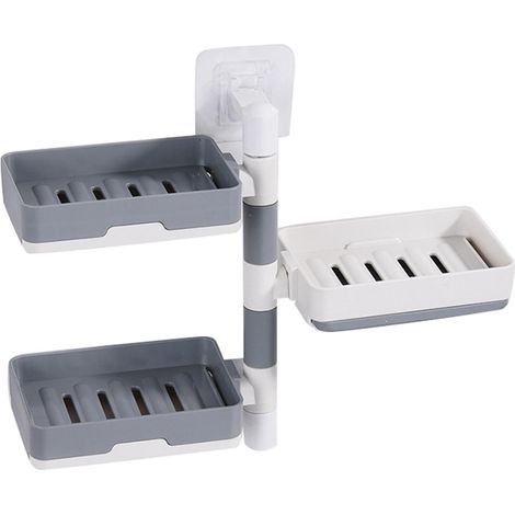 Porte-savon mural rotatif à 3 niveaux en HIPS, sans perçage, blanc et gris assortis. (1/4)
