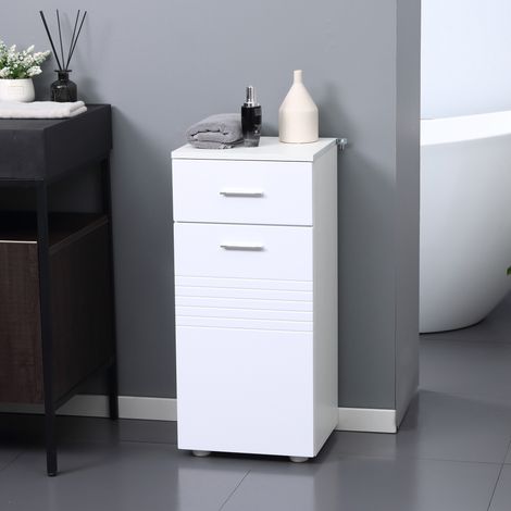 Meuble sur pied colonne basse de salle de bain – Placard porte avec étagère. tiroir coulissant. bois blanc – Rangement vertical compact (1/5)