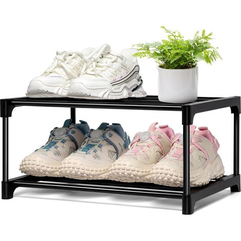 Étagère à Chaussures à 2 Niveaux, Étroite Peu Encombrante en Métal Noire Empilable Durable Petit Meuble Chaussure pour 4 Paires de Rangement Chaussures pour Couloir, Salon, Chambre à Coucher (1/5)