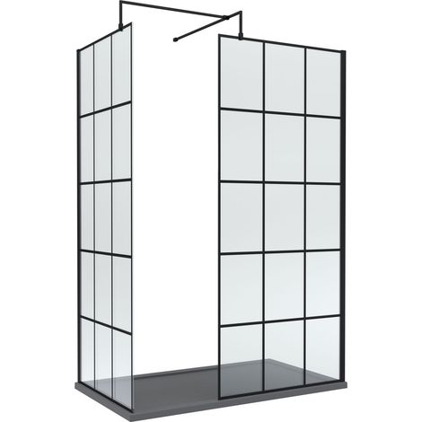 8mm Glass Walk In Wetroom Screens with Matt Black Framed Design and Slate Grey Shower Tray - 1400 x 900mm (1/2)