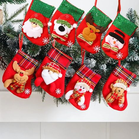 Lot de 8 bas de Noël en feutrine rouge, bas de Noël en gros, bas de Père Noël, sac à carreaux, décorations à suspendre au sapin de Noël, fête de fin d'année (1/5)