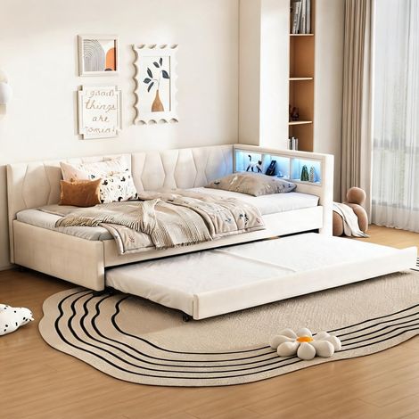 Cadre de lit beige en lin 210 x 94,5 x 71 cm (1/5)