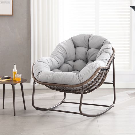 Sedia a dondolo, poltrona a dondolo, in polyrottino, con struttura a forma di uovo in metallo, schienale imbottito, braccioli, stile Scandinavo, Rocking chair - Grigio chiaro