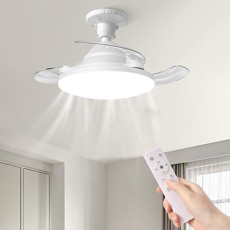 Ventilateur Plafond avec Lumière Pales Rétractable Télécommande 3 Niveaux Luminosité 3 Vitesse Eclairage 46cm Lampe Silencieux pour Salle à Manger Cuisine [Classe énergétique E]