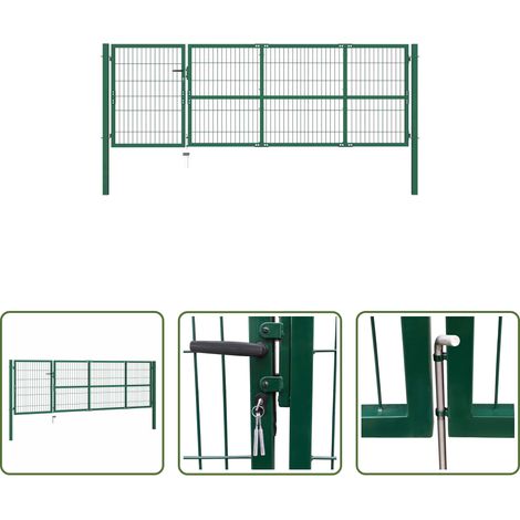 vidaXL Portail de jardin -  Portail de jardin avec poteaux 350 x 100 cm, acier vert (1/5)