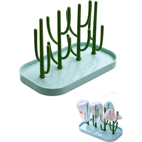 Biberon Etendoir, Egoutte Biberons Arbre, sans BPA, Amovible bac égouttoir Supports de Séchage de Bouteilles pour Biberon CouvertsTétines Gobelets et Accessoires (Vert) (1/5)