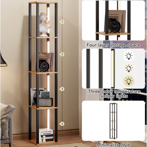 26 x 26 x 165 cm, beleuchtetes Regal, vier Ebenen, modernes minimalistisches Design, dreifarbige, einstellbare LED-Beleuchtung, einfach zu montieren und zu reinigen, Naturholzfarbe + Schwarz. (1/5)