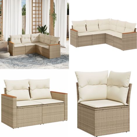 5-tlg. Garten-Sofagarnitur mit Kissen Beige Poly Rattan - Gartensofas - Outdoor-Möbel - Lounge Set - Gartenmöbelset - Rattanmöbel - Home & Living (1/5)