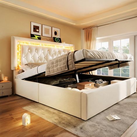 Tête de lit beige en velours 209 x 151 x 104 cm (1/5)