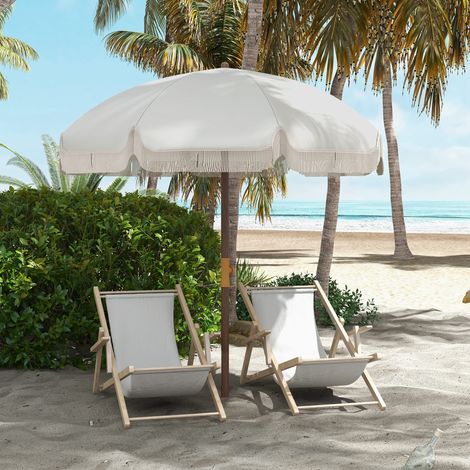 Parasol de plage à franges Ø190 x 210 cm, 8 baleines, ouverture manuelle, anti-UV, imperméable, sac de transport inclus, gris