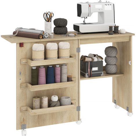 Table de couture pliante - HOMCOM - à abattant - bacs de rangement, étagère ouverte et roulettes - dim. 117 x 40 x 77,5 cm - naturel (1/5)