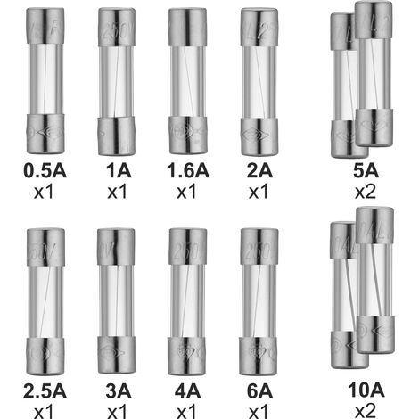 DEBFLEX - 12 FUSIBLES VERRES 1X(0,5A, 1,6A, 1A, 2A, 2,5A, 3A, 4A, 6A) 2X(5A,10A)