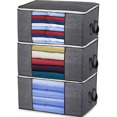 90L Grand Sac de Rangement, 3 pièces épais Respirant Pliables Non-tissé sous lit Housse Rangement Couette avec Fenêtre Transparent pour Édredons,Couvertures,Oreillers,Jouets,Vêtements