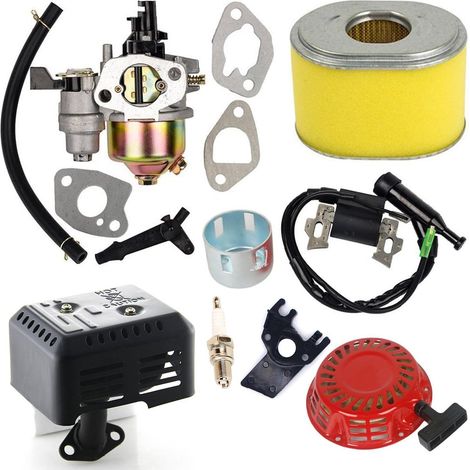 Carburateur avec filtre à air, bobine d’allumage et lanceur compatible avec Honda GX140 GX160 GX200 5,5HP 6,5HP + système d’échappement silencieux avec bouclier thermique EX35 pour moteur