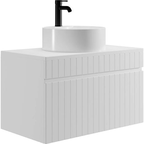 Mobile per bagno sospeso scanalato con lavabo tonda da appoggio 80 cm Bianco - SATARA (1/5)