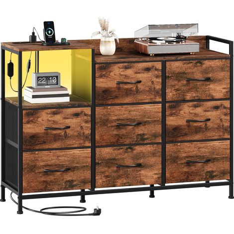 Somdot Commode Chambre avec LED et Station de Charge - 8 tiroir en Tissu - 29P x 99l x 70,5H - Imprimé Grain de Bois