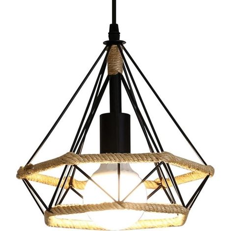 Suspension Luminaire Vintage, E27 Industrielle Tête Unique Corde de Chanvre Diamant Lustre, avec 1 Mètre Fil Suspension 38cm (1/4)