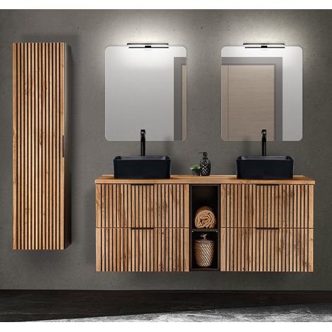 Badmöbel Set mit Hochschrank, Doppelwaschtisch Regal Kombination 141 cm XANTEN-56 in anthrazit mit Eiche Nb. schwarz gerillt, B/H/T: ca. 191/200/46,5 cm (1/5)