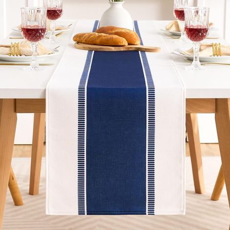 Chemin de table moderne à rayures bleues, élégant, bordure de table, décoration de table 33 x 183 cm, nappe rectangulaire, lavable, en coton et lin, chemin de table, nature, élégant, pour salle à mang (1/5)