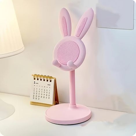Support de téléphone avec oreilles de lapin rose avec nœud floral réglable en hauteur 0 à 90 degrés Matériau ABS Support à clip pour bureau (1/5)