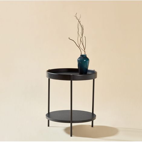 Mesa de centro redonda de 44 x 48 cm, diseño de doble bandeja, madera y metal, negra HAVRYA (1/5)