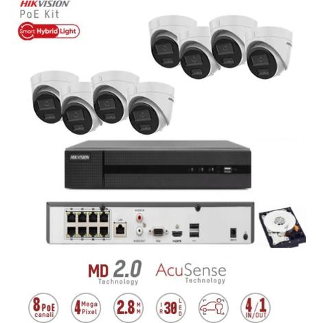 Kit Videosorveglianza Hikvision PoE 8 Canali 8 Telecamere Dome IP 4MP Smart Hybrid Light Audio HDD 1TB