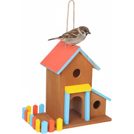 Relaxdays Vogelhaus, Holz, zum Aufhängen, HBT: 30,5 x 32,5 x 19 cm, Vogelvilla Garten & Balkon, Vogelfutterhaus, bunt