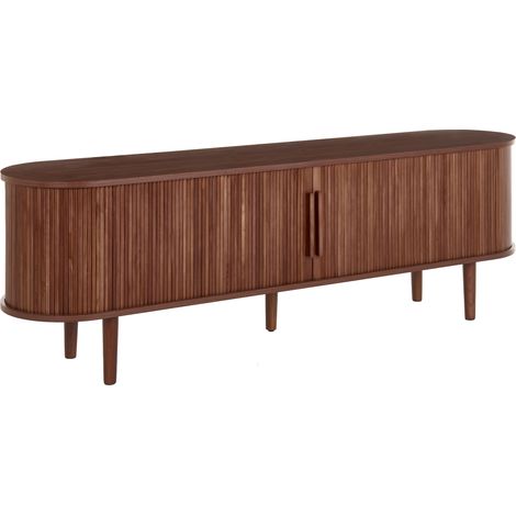 Mueble TV diseño acanalado estructura de madera laminada patas de madera de pino con organizador de cables marrón oscuro Sorell (1/5)