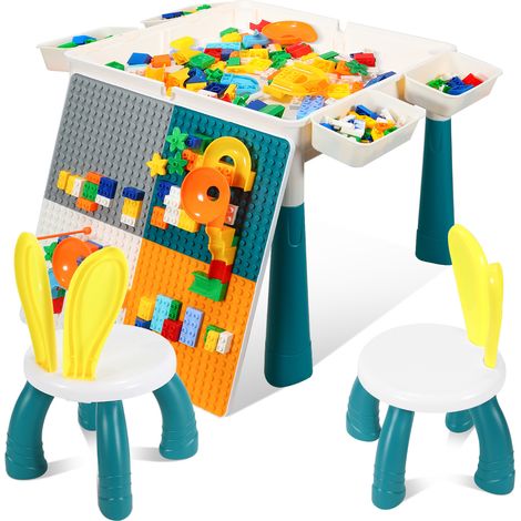 Jopassy Tavolo per bambini,set con 251 pezzi di mattoncini e 2 sedie, Set tavolo attività multifunzionale per bambini, Set tavolo e sedie, 51x51 cm