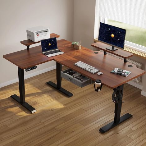 Bureau assis-debout électrique réglable en hauteur en L 160x70 cm – MDF 18mm – Charge 80 kg – Réglage rapide en 20s – 4 niveaux de mémoire (1/4)