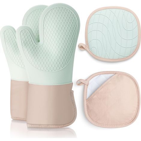 Oven Gloves, Set of 4 Heat-Resistant Kitchen Gloves and Pot Holders, Non-Slip, Heat Resistant Up to 350°C, Soft Cotton, Long and Flexible Thick Silicone for Cooking and Baking, Green (1/5)