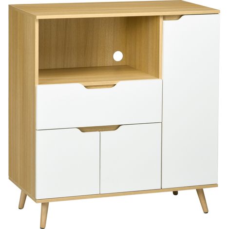 Mobile contenitore da cucina per microonde, 1 cassetto, 2 ante, 1 ripiano, 90 x 40 x 98,5 cm, legno e bianco
