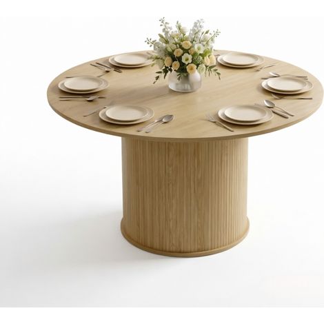 CHICFURN Mesa de comedor redonda 120 x 75 cm para 4 a 6 personas, madera natural, base acanalada (1/5)