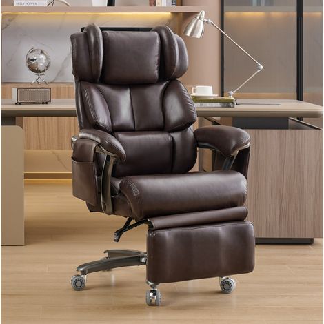 Poltrona da ufficio in pelle PU marrone con massaggio, riscaldamento, poggiapiedi e reclinazione 90°-150°, 88x70x112,5 cm (1/5)