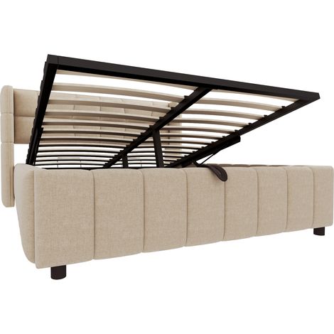 Cama tapizada 140 x 200 cm con canapé y cabecero de tela beige MODENUIT (1/5)