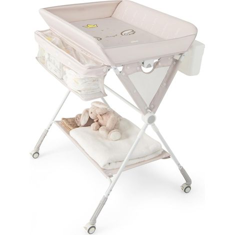 COSTWAY Table à Langer Mobile pour Bébé, Table à Langer Pliable avec Hauteur Réglable sur 3 Niveaux Poubelle Panier de Rangement Etagère Roues Verrouillables, pour Chambre de Bébé (Beige) (1/5)