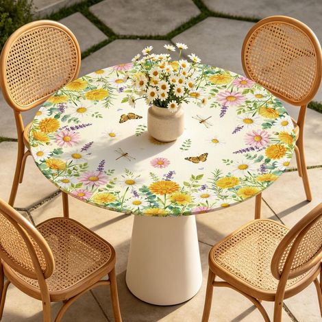 Tischdecke Rund mit Gummizug Ø132cm, wasserabweisend, Gänseblümchen & Schmetterlinge
